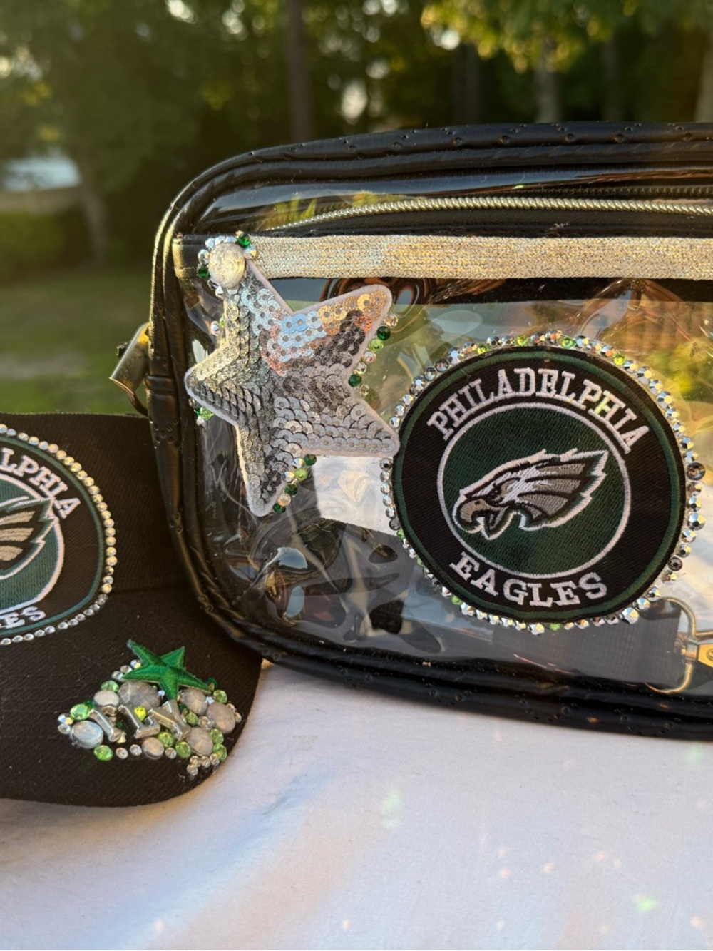 Philadelphia Eagles Clear Stadium Bag with Silver Sequin Star and game day visor